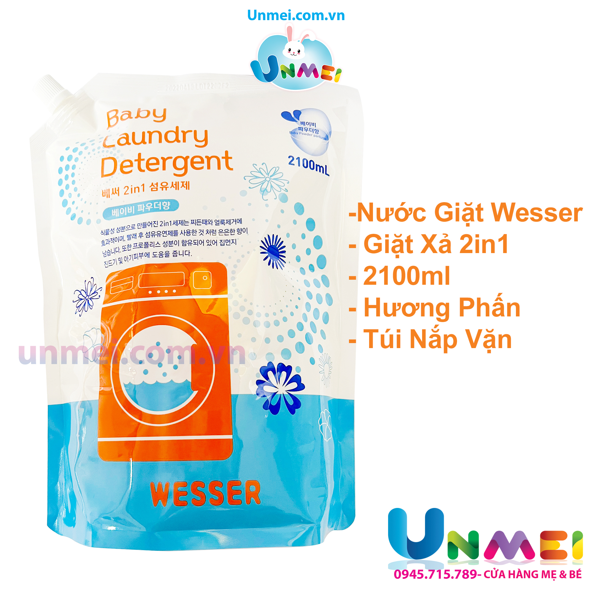 Nước Giặt Xả Wesser Hương Phấn (Powder) - Dạng Túi Tiết Kiệm Dung Tích 2100ml - Tặng 1 khăn Sữa Unmei