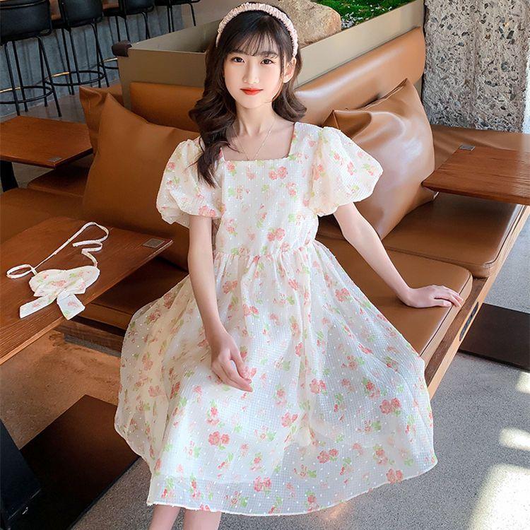 DONGSHOP HOT Cô gái mảnh hoa đầm mùa hè váy 2022 tây cô gái bong bóng tay áo nàng tiên váy váy công chúa trẻ em