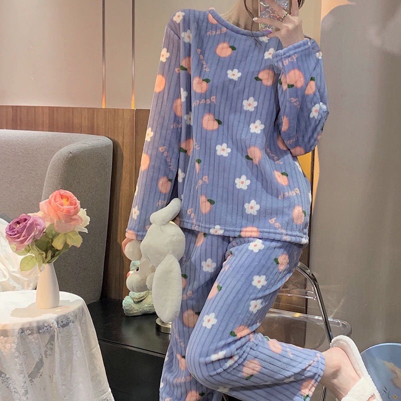 [ Hot loại 1 ] Bộ mặc nhà nỉ lông  hoạ tiết trái đào mềm siêu ấm áp, bộ ngủ lông cừu mẫu mới 2022
