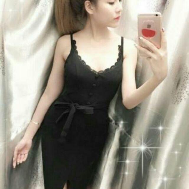 Đầm 2 dây phối nơ ren eo