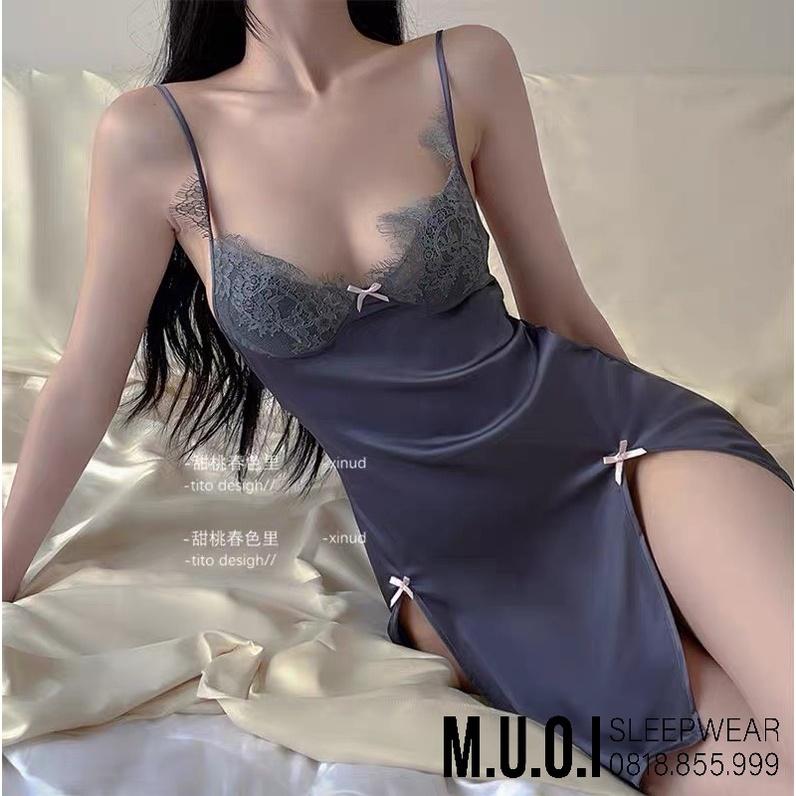 Váy ngủ lụa phối ren xẻ đùi sexy mới nhất 2021 sx 118 ️️ Đầm mặc nhà gợi cảm QUẢNG CHÂU Muối store (video-ảnh)