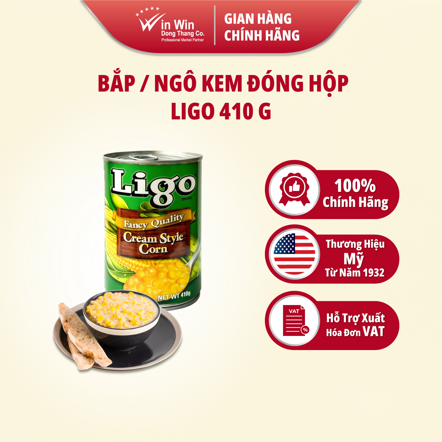 Bắp / Ngô Kem Đóng Hộp Ligo 410 g - Thương Hiệu Mỹ, SX Thái Lan | Ligo Canned Cream Style Corn 410 g