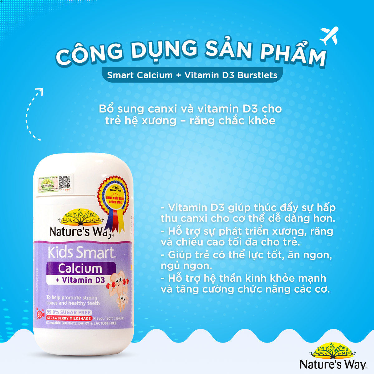 Combo Phát Triển Trí Não, Tăng Chiều Cao NATURE'S WAY Gồm Kids Smart DHA 300mg + Calcium, Vitamin D3 Cho Bé Từ 1 Tuổi