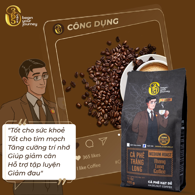 Cà phê Thăng Long nguyên chất 365 Cafe rang xay nguyên chất, hương hạt dẻ Hazelnut pha phin TL365