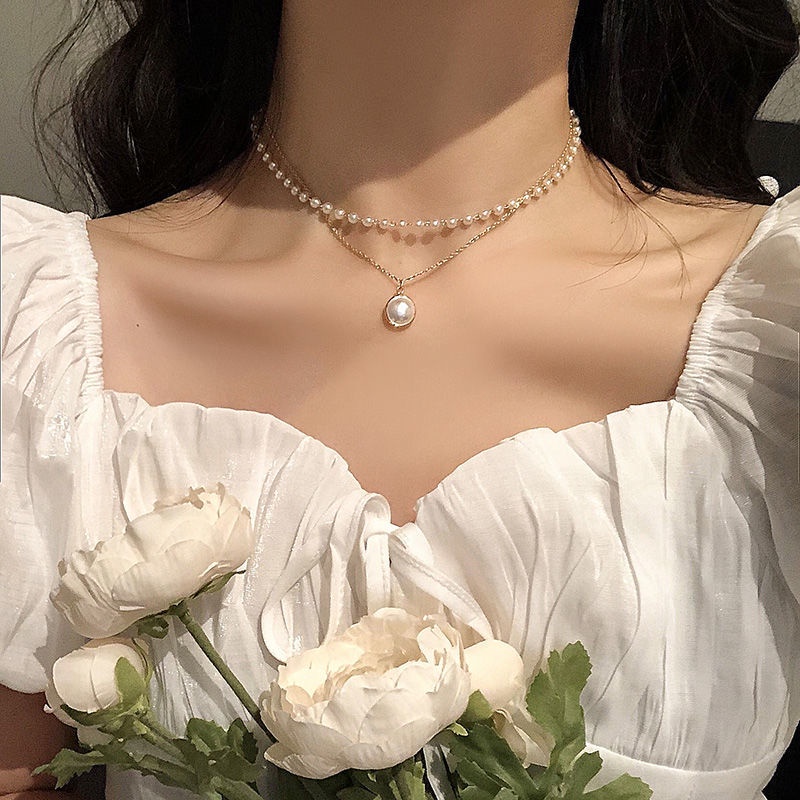 Set vòng cổ dây chuyền và lắc tay hạt ngọc 2 tầng