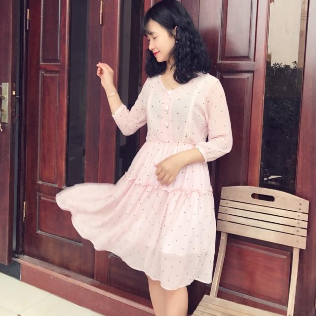 Váy Kiwi chấm bi hồng khoá dọc con bú sz S-XL