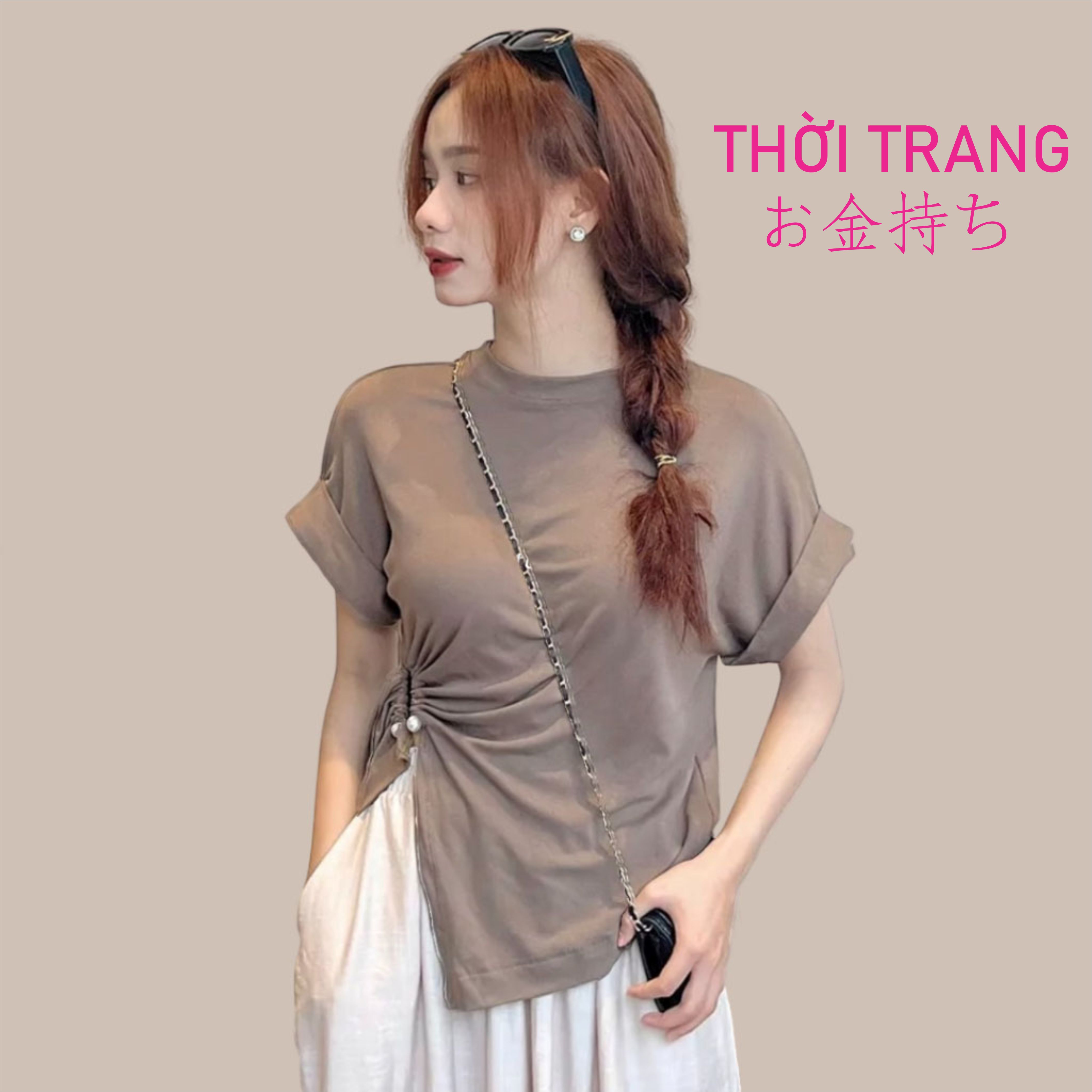 Áo thun nữ おかねもち tay hến cổ tròn áo thun trơn eo có đính 2 viên ngọc 3120