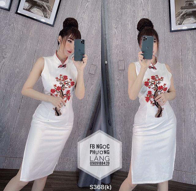 Đầm sườn xám đính hoa mai + quần short lót
