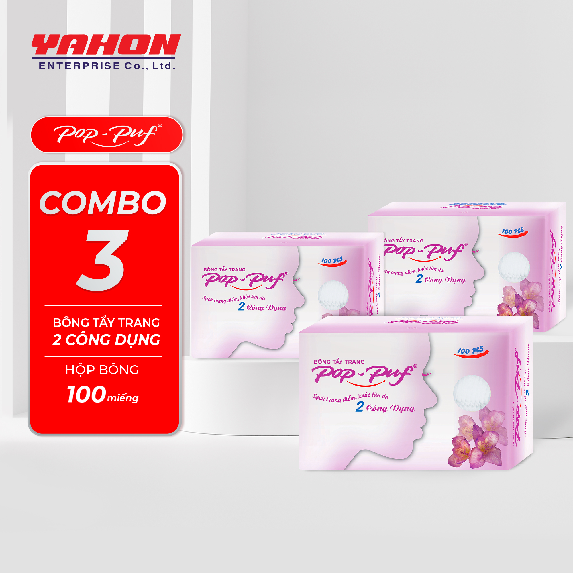 Combo 3 Hộp Bông Tẩy Trang POP-PUF 2 Công Dụng, 100 Miếng/Hộp