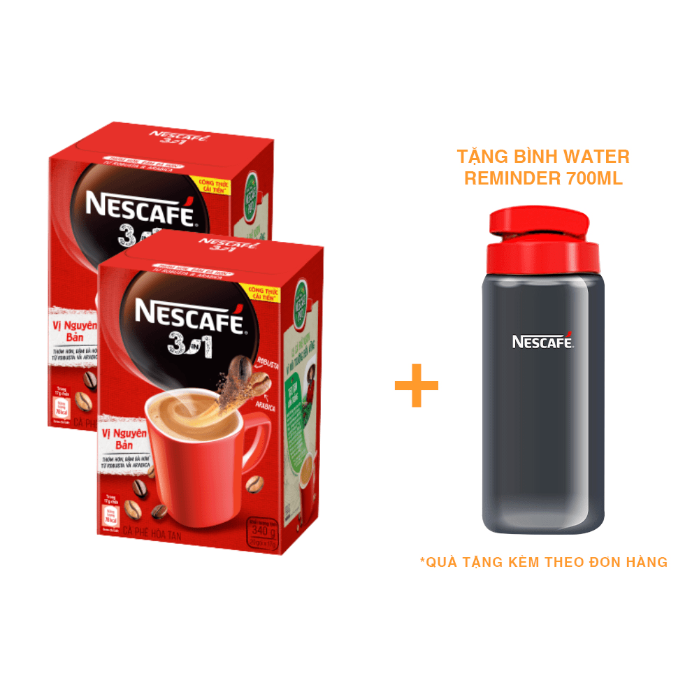 Combo 2 hộp NESCAFÉ 3IN1 Công thức cải tiến - Vị nguyên bản - Hộp 20 gói x 17 g - [Tặng 1 bình nước Water Reminder 700ml]