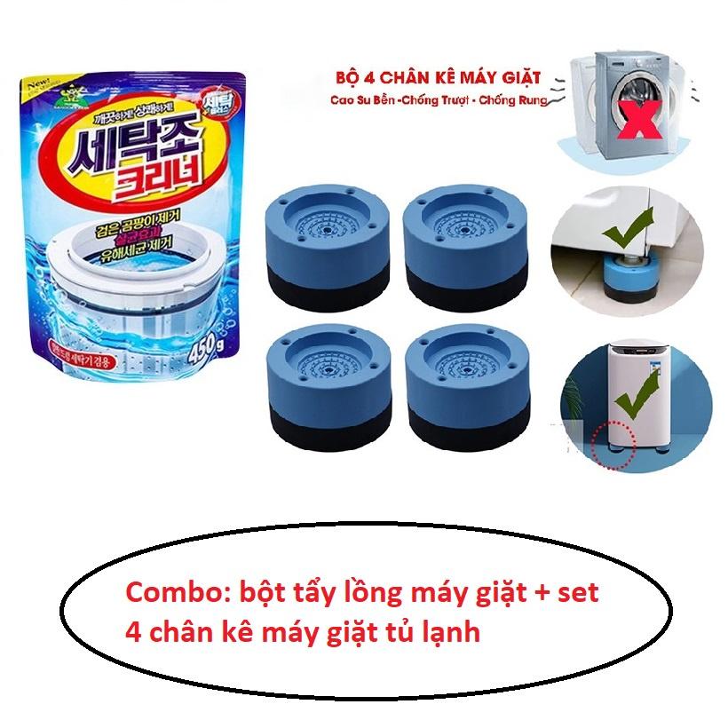 Combo: bột tẩy lồng máy giặt + set 4 chân kê máy giặt chống rung