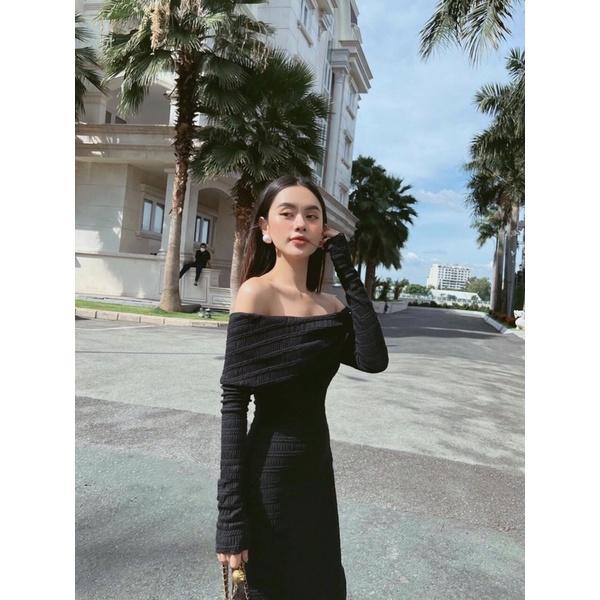 Đầm trễ vai tay dài đính ngọc form body dáng xoè.