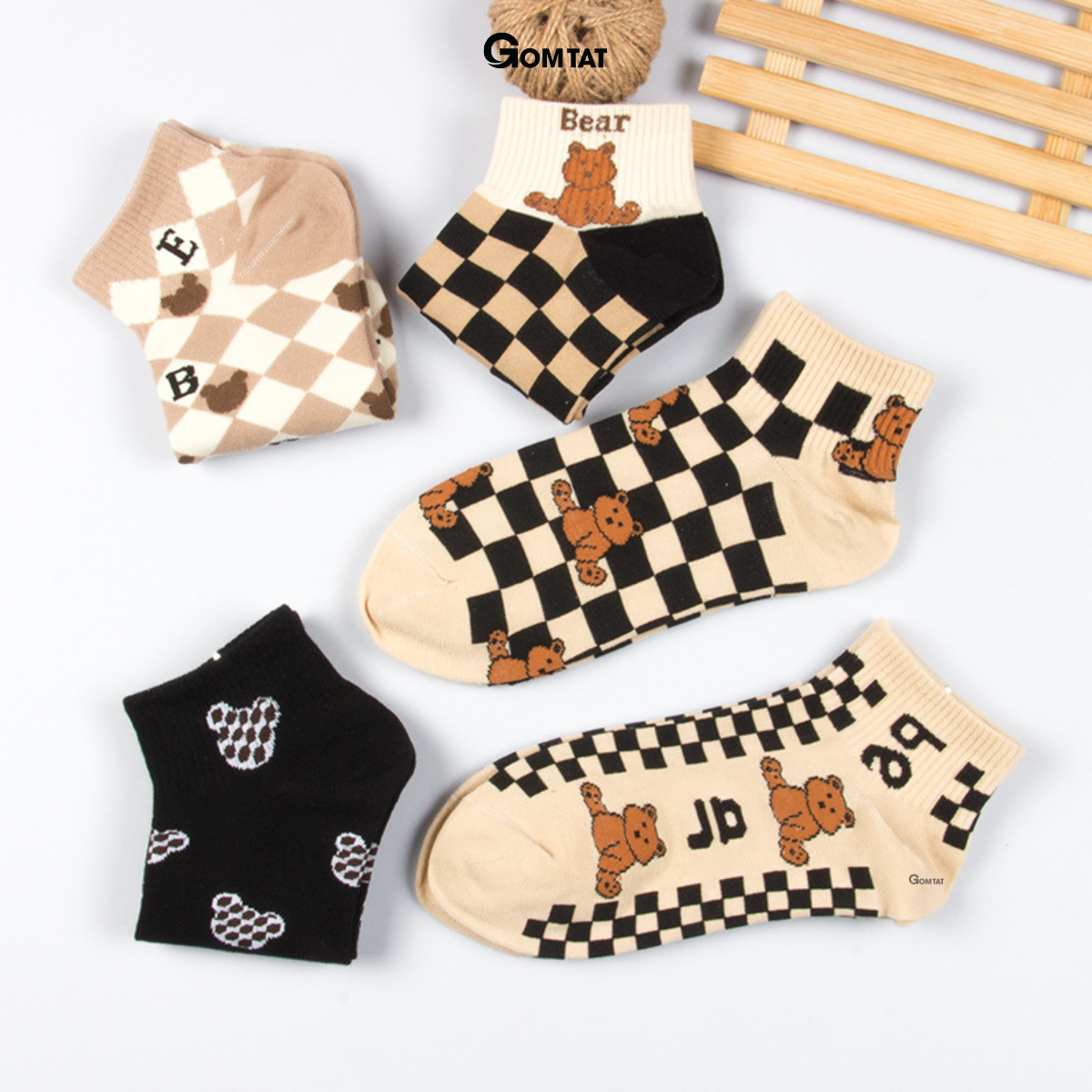 Set 5 đôi tất nữ cổ ngắn họa tiết gấu caro, vớ nữ cổ thấp chất liệu cotton mềm mịn thoáng mát - LISU36-GAUNGAN