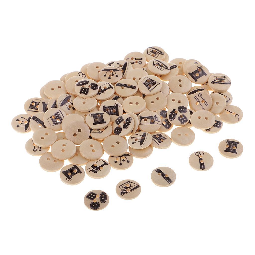DIY 100Pcs 15mm Round Wood Button 2 Holes Mixed Pattern Sewing Accessories Craft Decoration