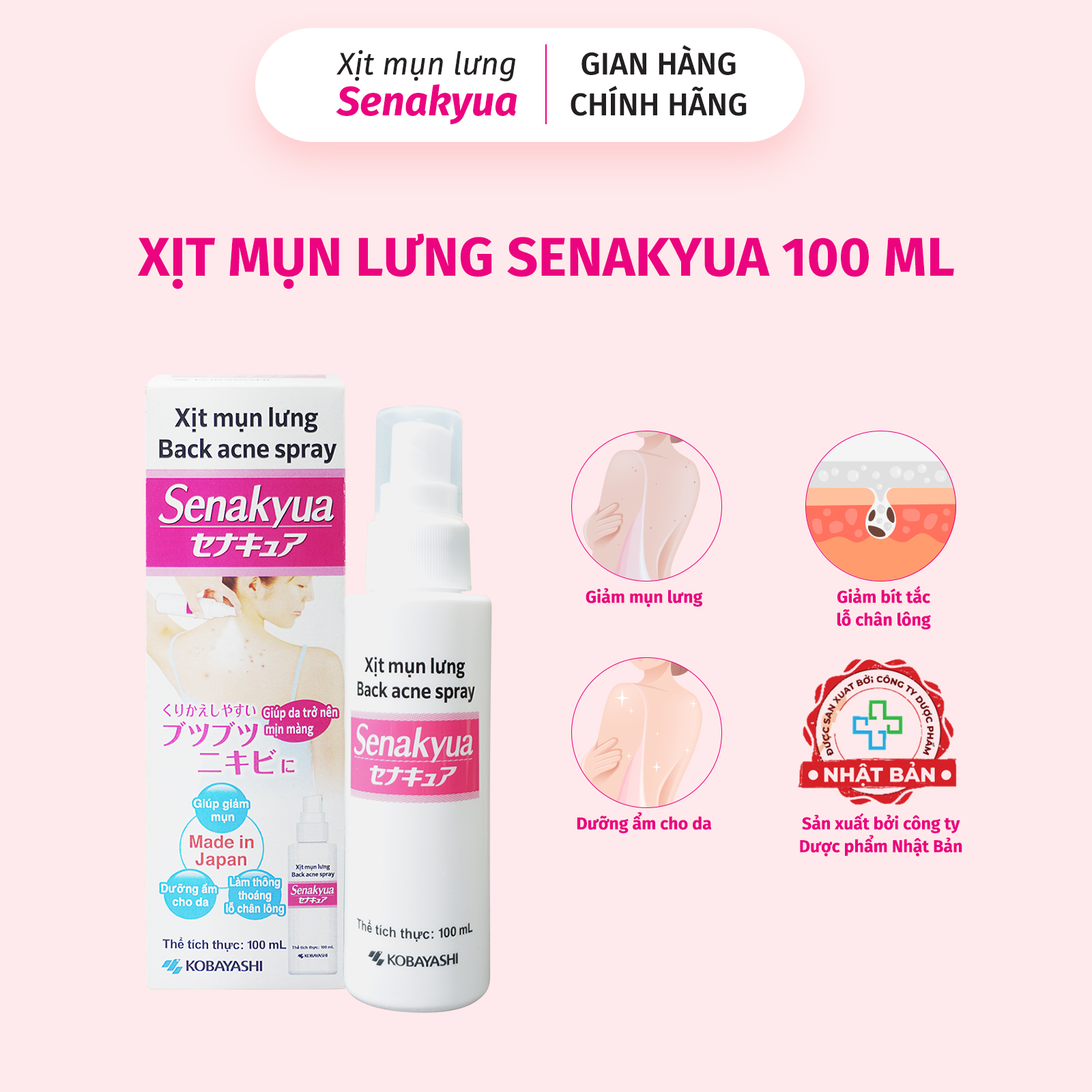 Xịt mụn lưng Senakyua Kobayashi Nhật Bản 100ml- Giảm mụn, thâm, dưỡng ẩm cho lưng, body