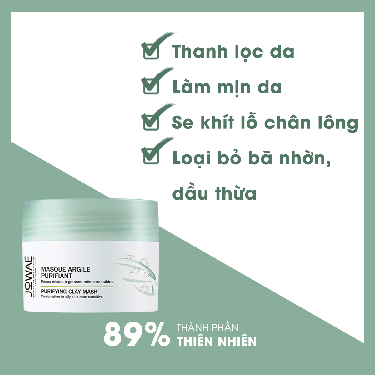 Mặt nạ đất sét JOWAE thanh lọc làm mịn và tái tạo da mỹ phẩm nhập khẩu chính hãng từ Pháp - PURIFYING CLAY MASK 50ml