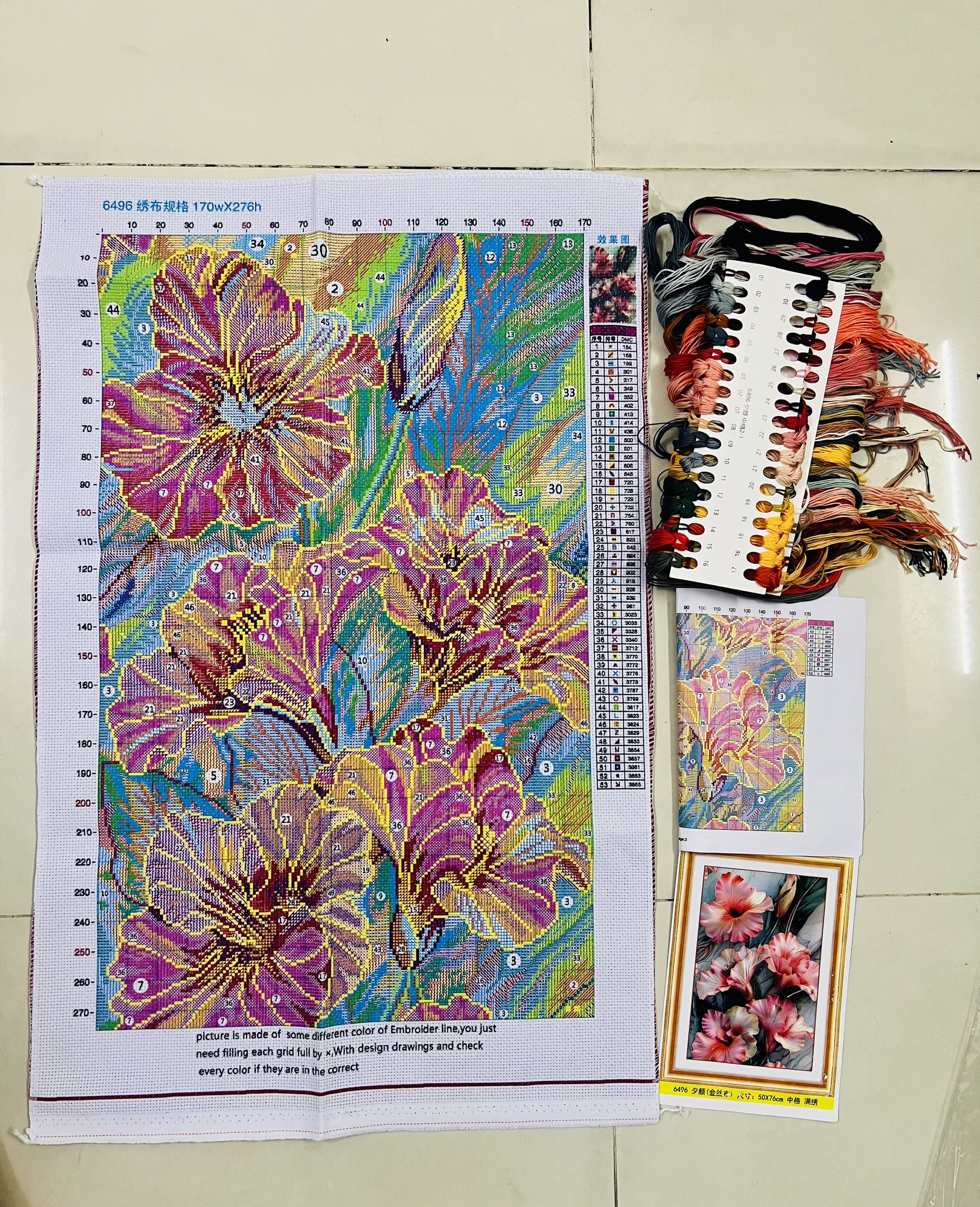 Tranh thêu kín chữ thập Hoa đồng tiền 6496, kích thước 50 x 70 cm