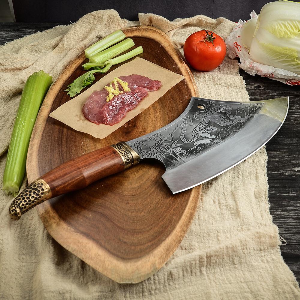 Dao bếp thái lọc,chặt gà không rỉ cao cấp, mặt dao dập chìm hoa văn hổ, khâu đồng -TOPCOMSHOP - A24 DT150