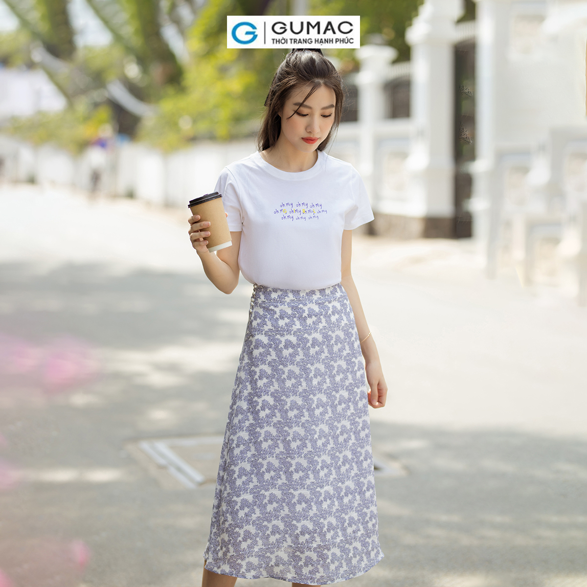 Chân váy A họa tiết hoa phối nút thanh lịch nữ tính thời trang GUMAC VD07022
