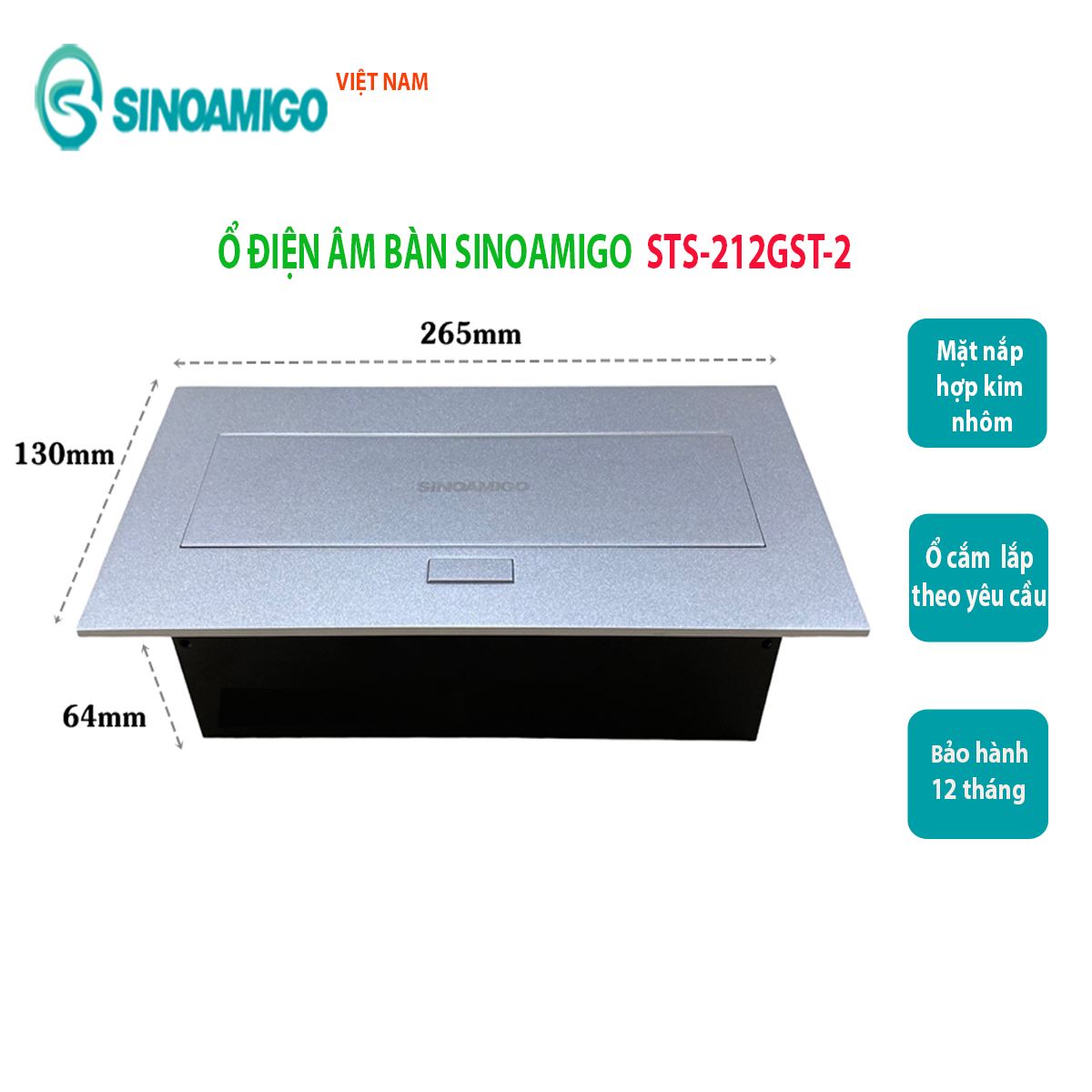 Hộp điện âm bàn văn phòng, bàn làm việc Sinoamigo STS-212GTS-2, gồm 4 ổ cắm 3 chấu đa năng