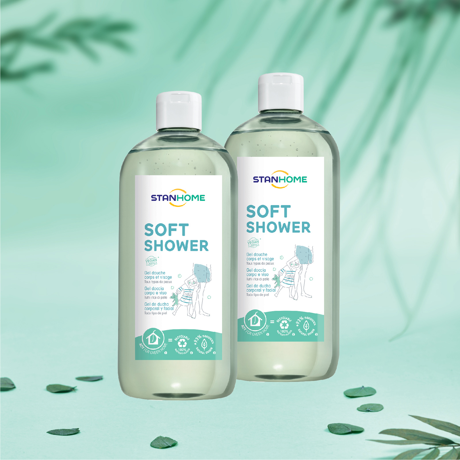 Combo 2 Sữa tắm, rửa mặt không xà phòng cho mọi loại da và da nhạy cảm Stanhome Soft Shower Gel Douche Corps Et Visage Tous types de peaux 740ML/chai