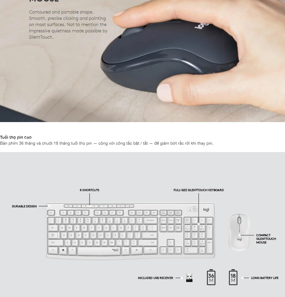 Bộ Phím Chuột Không Dây Logitech MK295 Silent Giảm Tiếng Ồn Có Phím Số - Hàng Chính Hãng