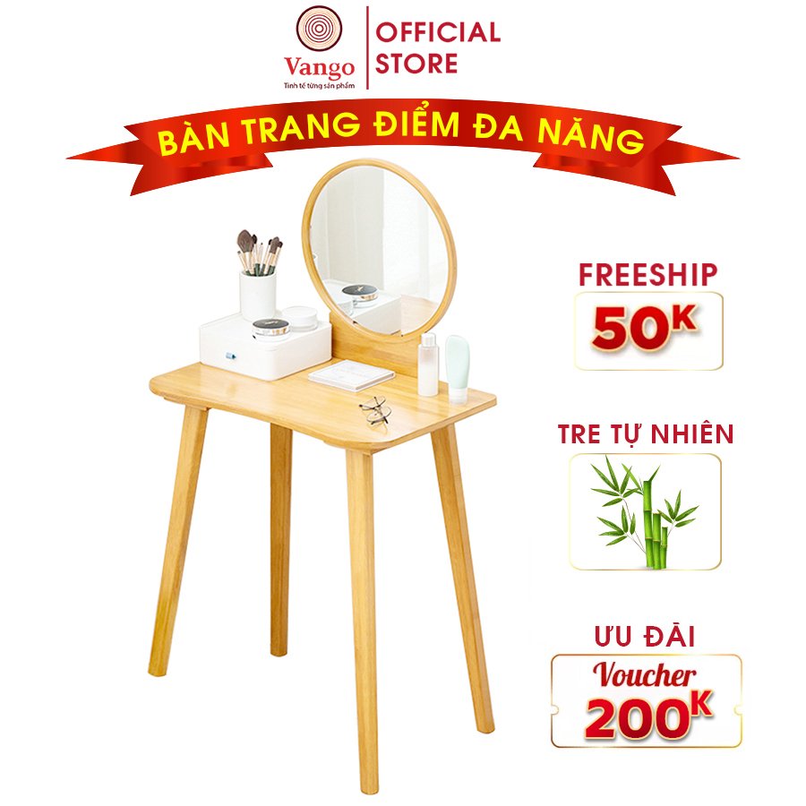 Bàn trang điểm kèm gương thông minh VANGO V27 gỗ tre tự nhiên cao cấp, siêu tiết kiệm diện tích, phong cách hiện Bắc Âu