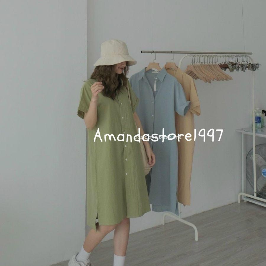 {Amanda} Váy sơ mi cộc tay from rộng vạt lệch hàn quốc, dây thắt nơ eo