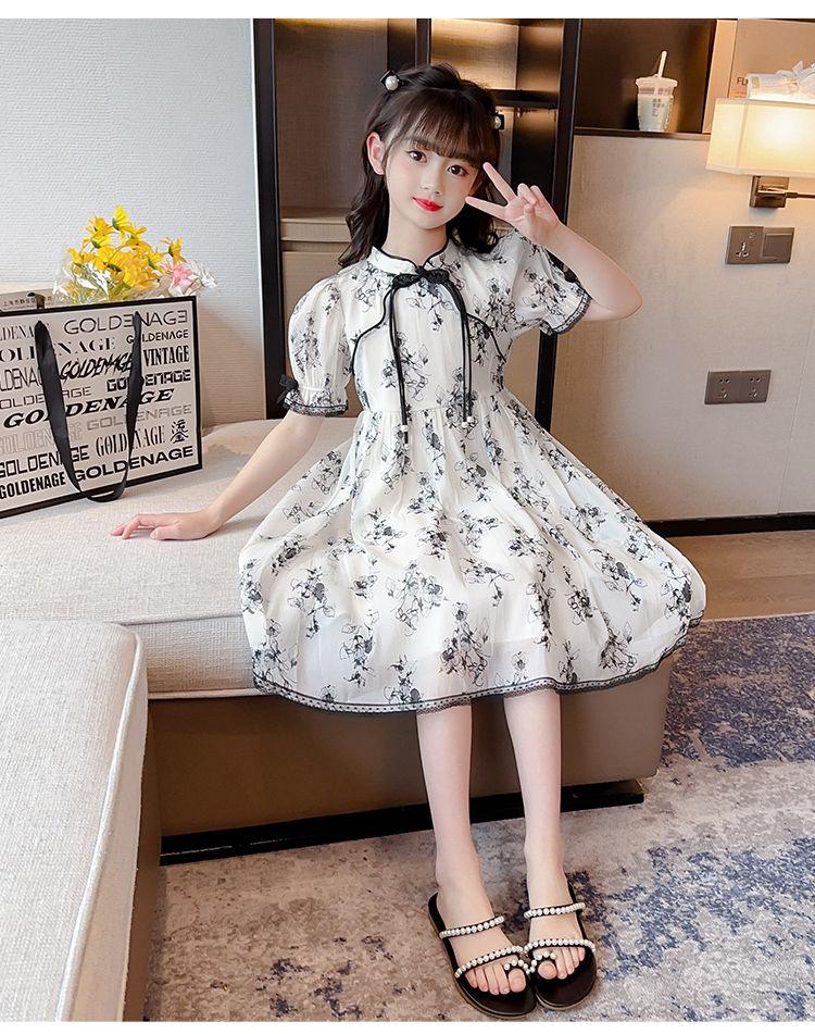 CHENGRUI Cô gái ăn mặc Midboy mùa hè 2023 mực vẽ sườn xám váy cô gái phong cách phương Tây cổ trang công chúa váy