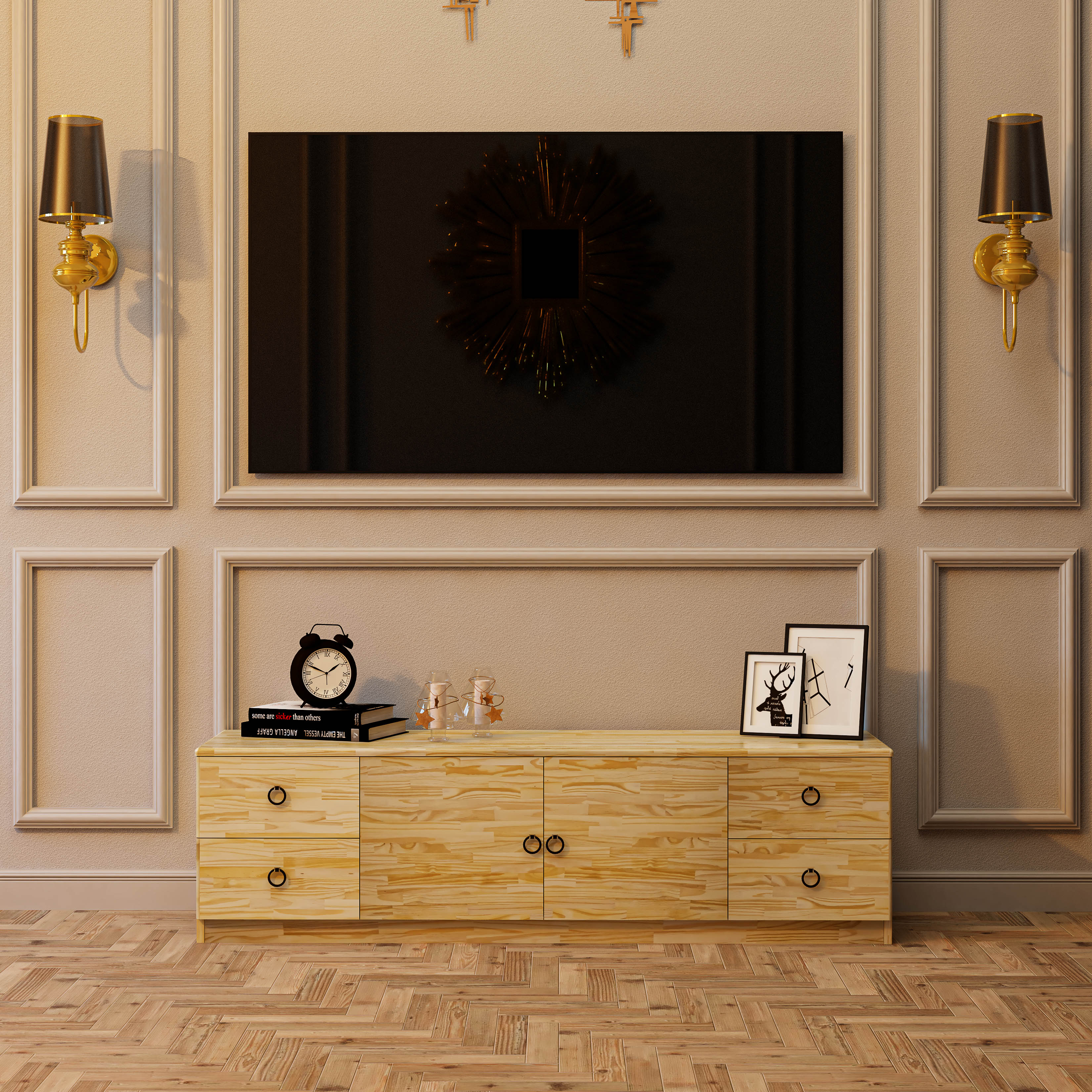 HAPPY FURNITURE , Gỗ tự nhiên , Kệ TV 2 cửa mở 4 ngăn kéo - YANNA , KTV_058_THG , 160cm x 40cm x 45cm