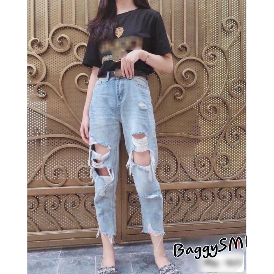 QUẦN BAGGY JEAN COTTON LƯNG THUN RÁCH HOT SHOP PHƯƠNG CHÂU