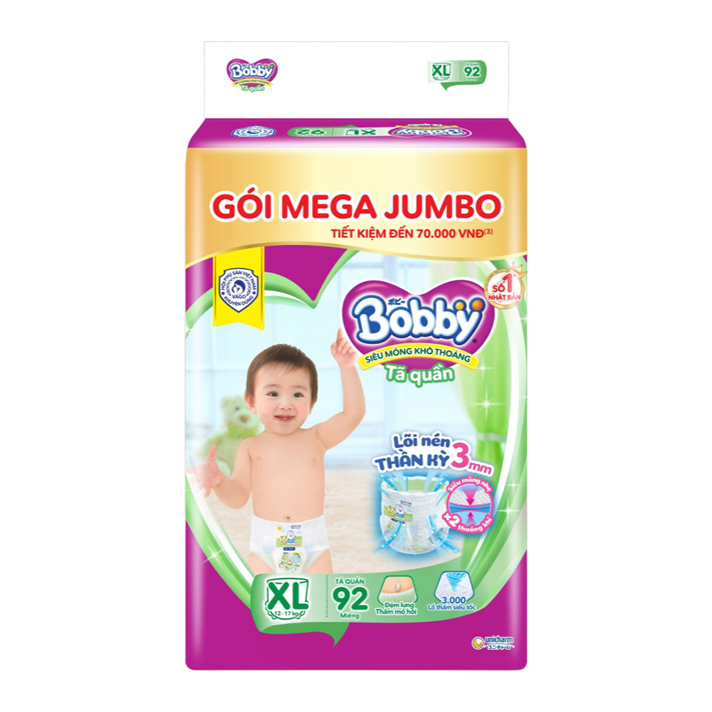 [Tặng thêm 4 miếng] Tã/bỉm quần Bobby 3mm Gạo non XL84