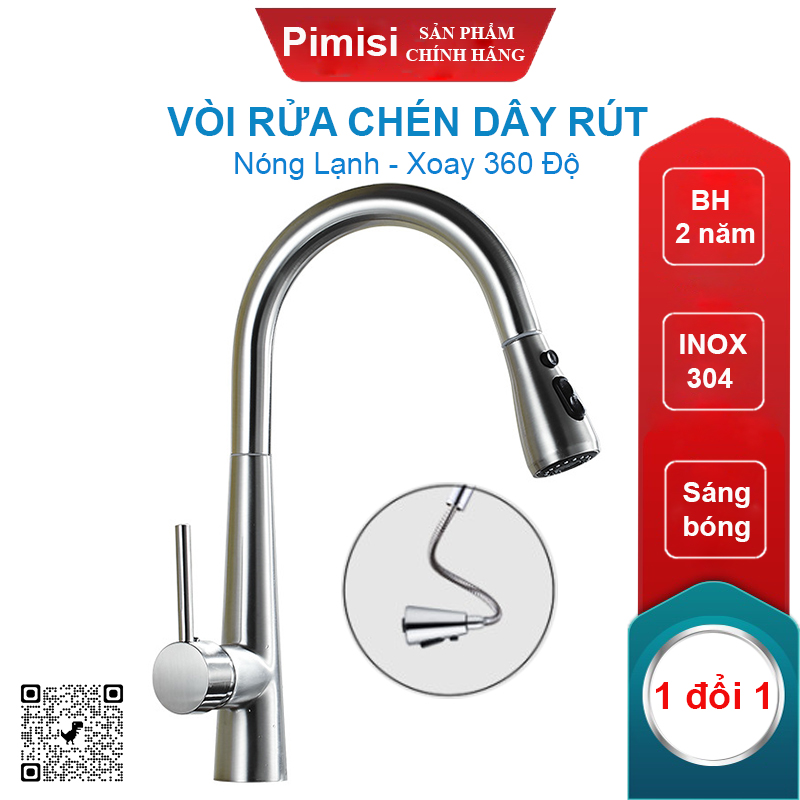 Vòi Rửa Chén Nóng Lạnh Dây Rút Pimisi PVR-315C Inox 304 Mạ Sáng Bóng, Gắn Chậu Rửa Bát 1-2-3 Hố Trong Nhà Bếp Với Đầu Vòi 2 Chế Độ Tăng Áp Nhẹ Và Dây Rút Dài Mềm, Chỉnh Nhiệt Bằng Gật Gù Cho Vòi Rửa Bát Đặt Âm - Dương Bàn Đá | Hàng Chính Hãng