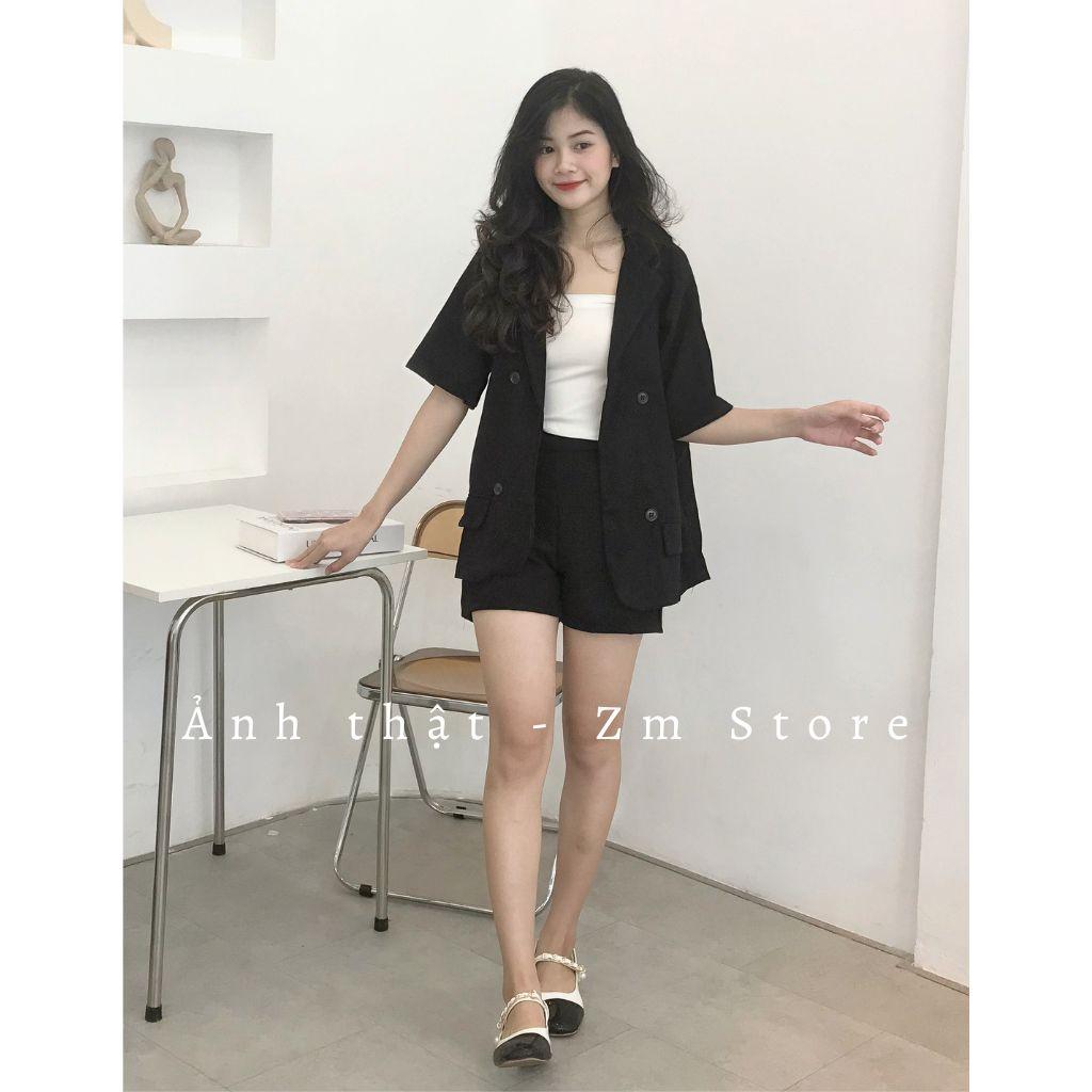 Set Áo Vest Blazer Cộc Tay Basic Kèm Quần Short Đùi Màu Trơn Thanh Lich Chuẩn Form Chất Đẹp Zmstore
