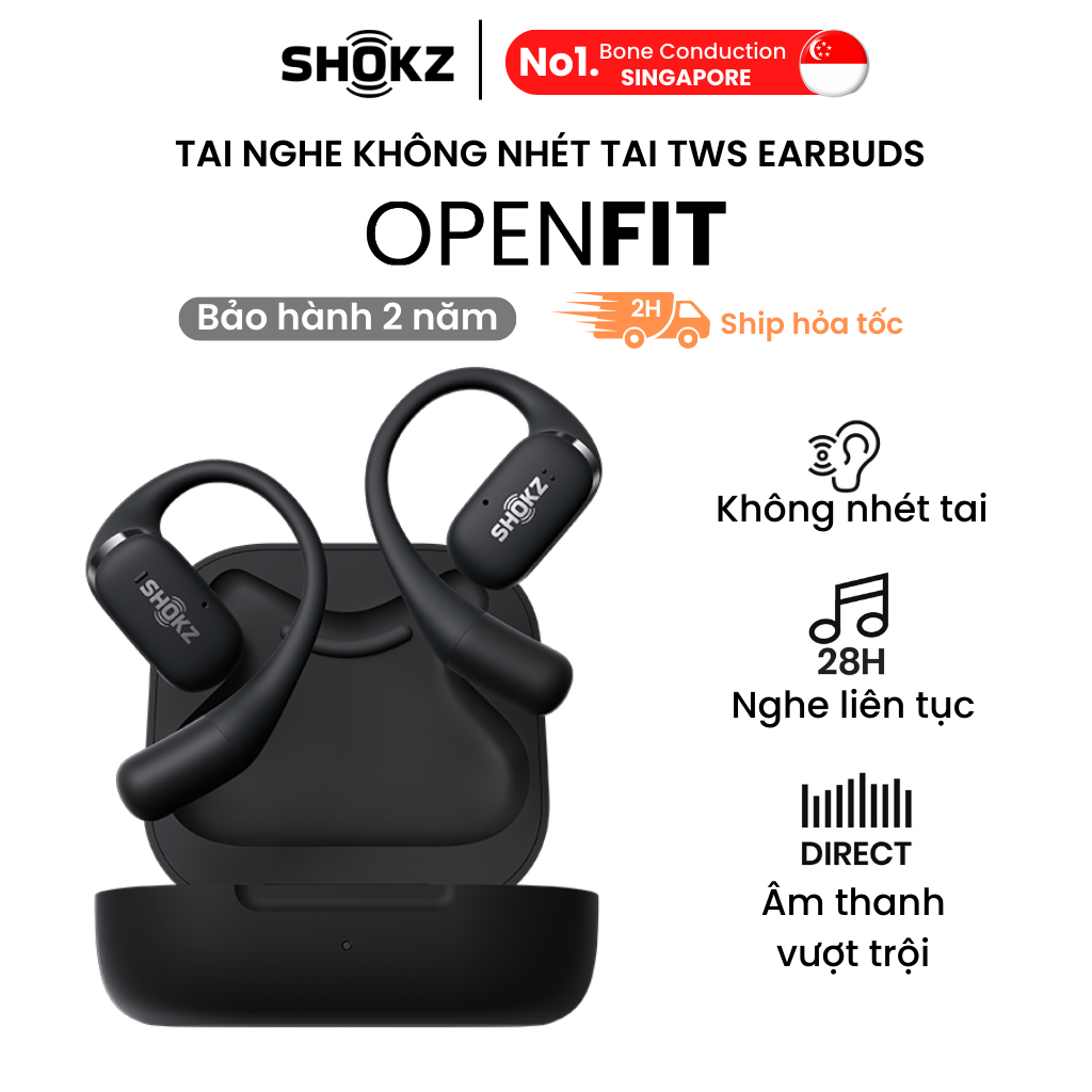 Tai nghe không nhét tai Bluetooth True Wireless Earbuds Shokz OpenFit - Màu đen - Thế Hệ Mới Nhất - Hàng Chính Hãng