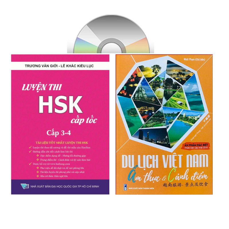 Sách - combo: Luyện thi HSK cấp tốc tập 2 (tương đương HSK 3+4 kèm CD) + Du lịch Việt Nam Ẩm thực và cảnh điểm (in màu, có audio nghe, giấy ảnh c2) +DVD tài liệu