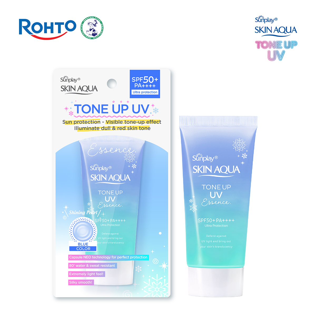 Kem chống nắng nâng tông Skin Aqua Tone up Blue cho da vàng có khuyết điểm đỏ, dạng tinh chất Sunplay Skin Aqua Tone Up UV Essence Blue SPF 50+ PA++++ 50g