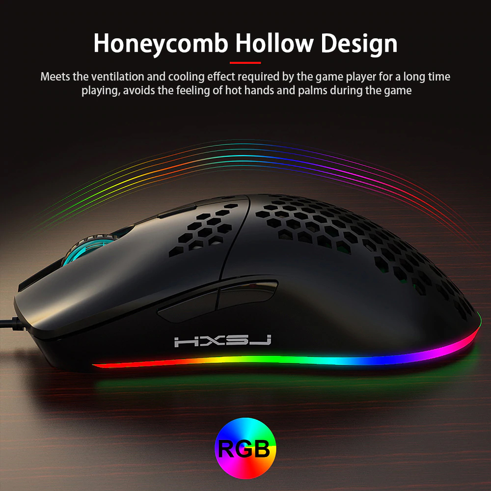 Chuột Chơi Game, Văn Phòng Có Dây HXSJ J900 Độ Nhạy Sáng 6400DPI - USB Wired Gaming Mouse RGB Gaming Mouse with Six Adjustable DPI Ergonomic Design for Desktop Laptop Black - Hàng Chính Hãng