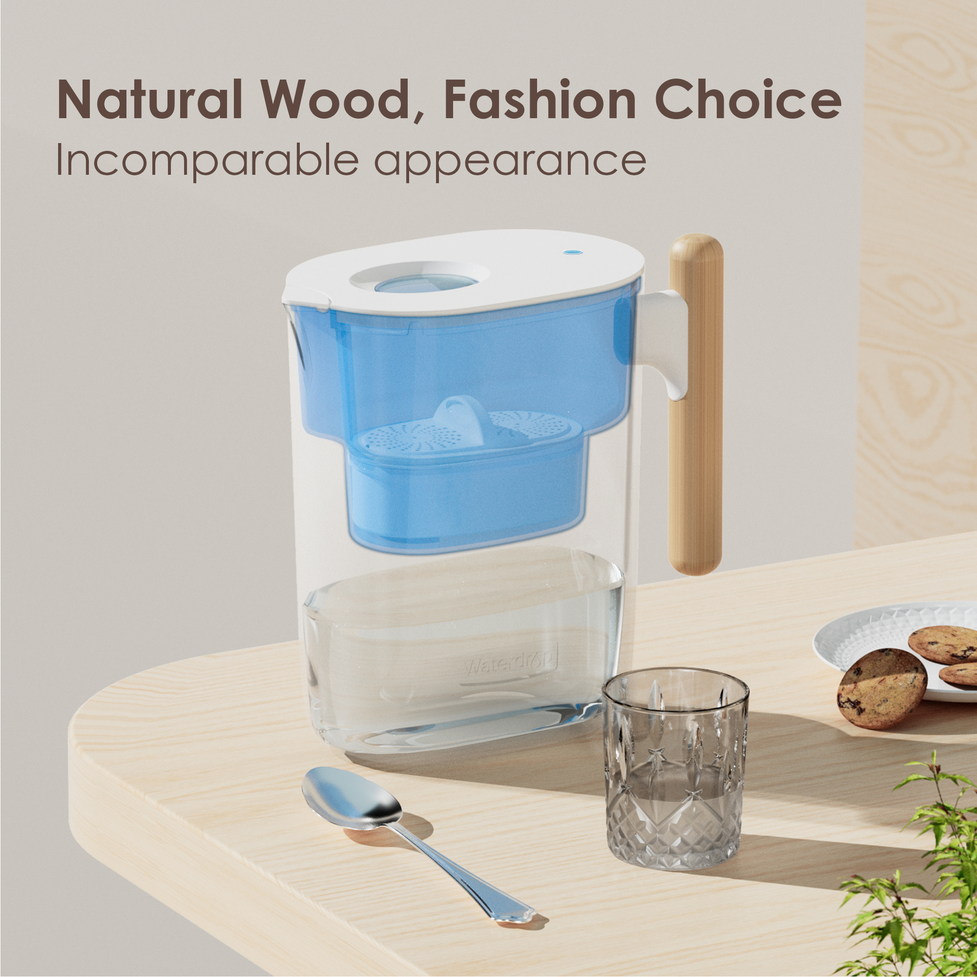 Bình lọc nước 4.4L WD-PT-04B Waterdrop Chubby Pitcher có tay cầm bằng gỗ