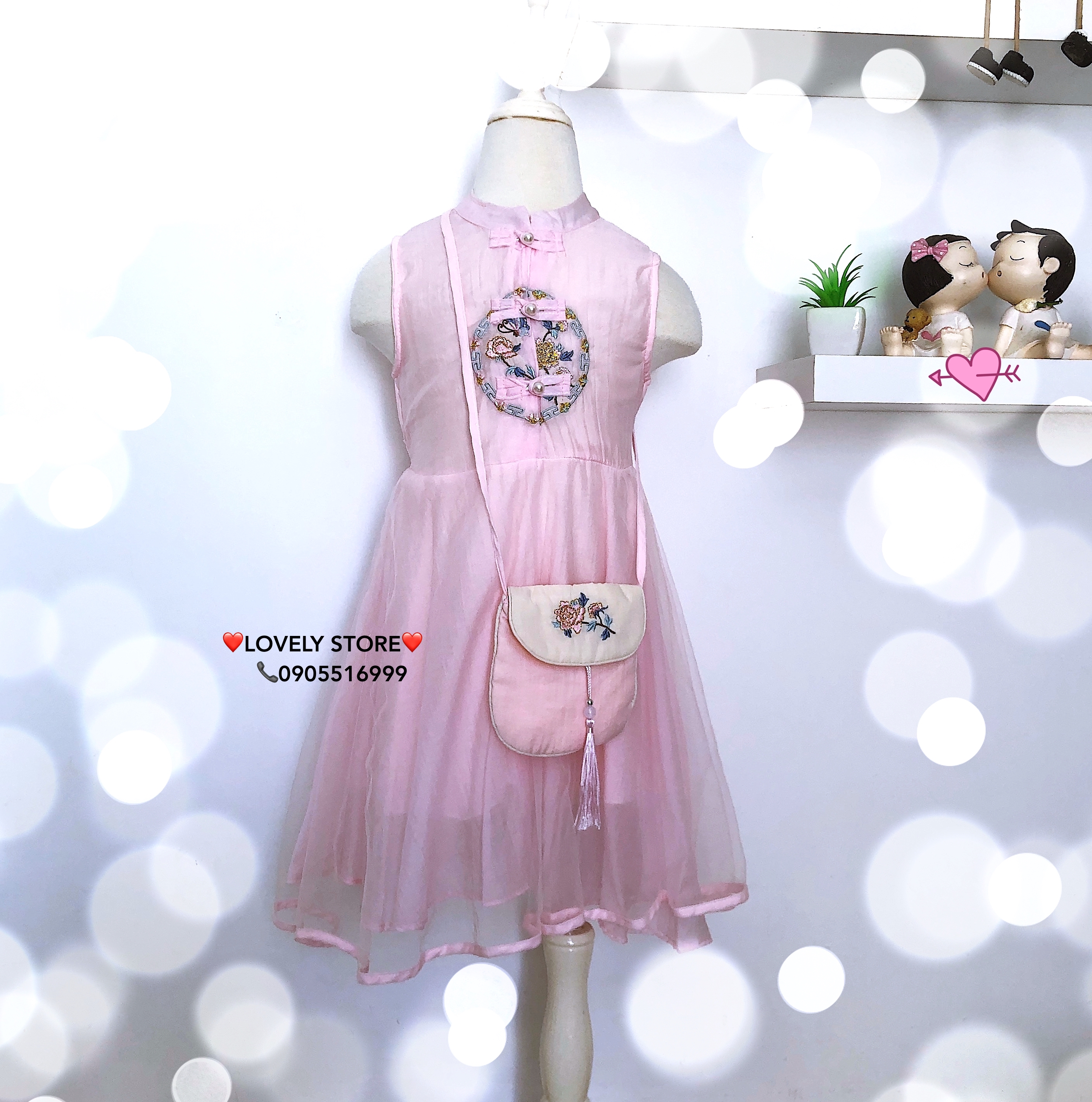Đầm trung hoa cho bé gái. Đầm công chúa kèm túi đính dây tua rua xinh cưng xỉu cho bé . Hàng Quảng Châu Loại 1 Cao Cấp