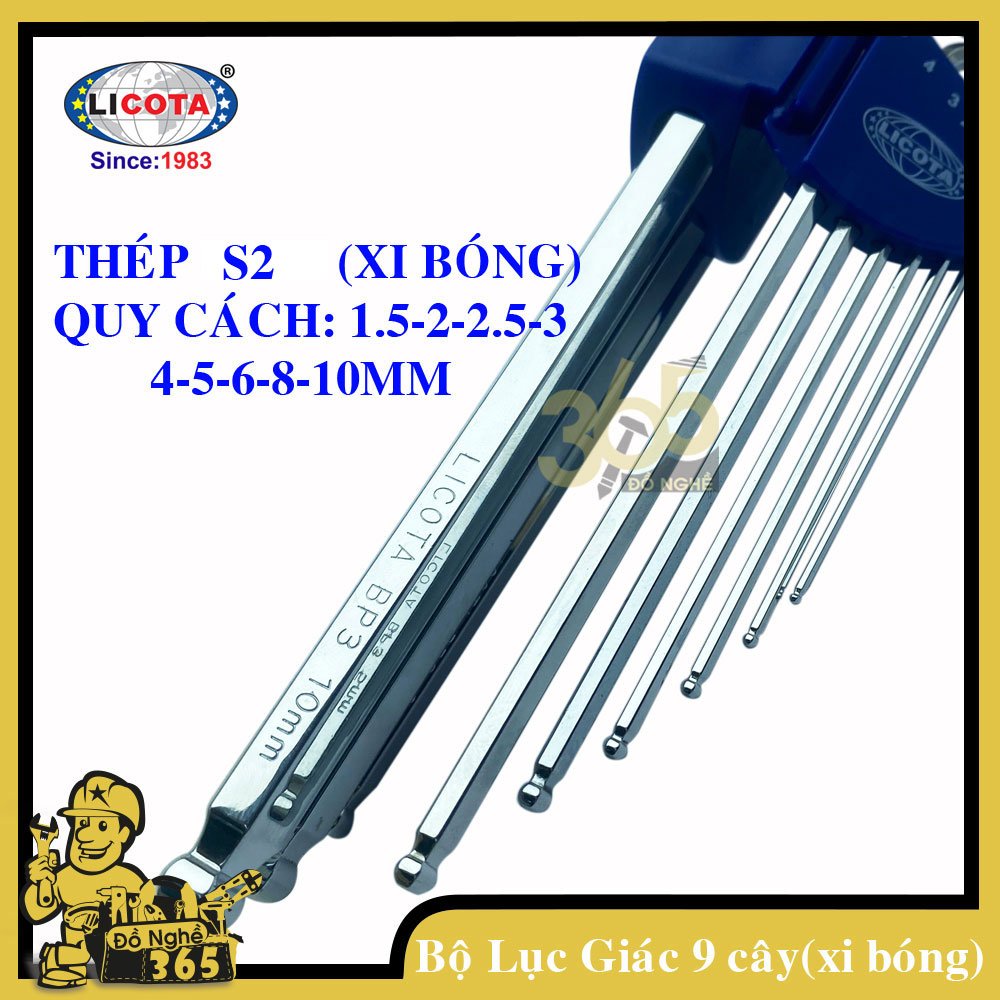 Bộ lục giác 9 cây hệ mét xi bóng 1.5-10mm Licota