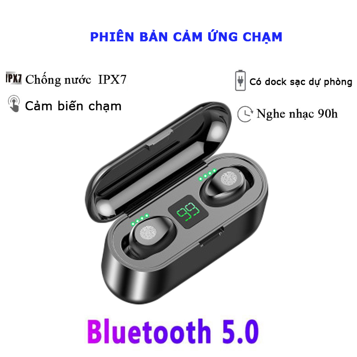 Tai Nghe Bluetooth F9 5.0 bản quốc tế pin châu Cảm Ứng Vân Tay, Dock Sạc có Led Báo Pin Kép - Hàng Nhập Khẩu