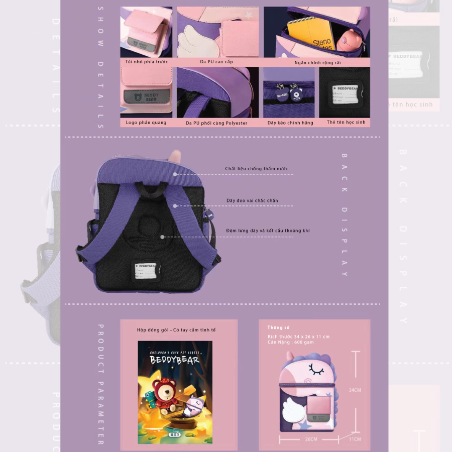 Balo cho Bé Gái Từ 05 tuổi BEDDYBEAR - Cute Bag 2.0 Unicorn / Kỳ lân hồng - Ba lô Thiết kế chống gù lưng - phối da PU cao cấp - Bảo hành chính hãng 2 năm