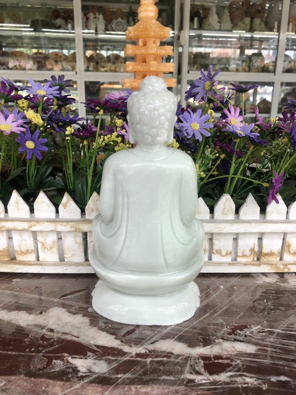 Tượng Phật A Di Đà ngồi đài sen đá cẩm thạch trắng xanh trang trí bàn làm việc - Cao 20 cm
