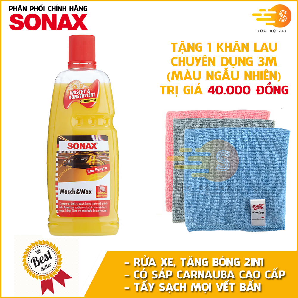 Xà bông rửa xe và tăng độ bóng sơn xe 2in1 Wash &amp; Wax Sonax 313341 1Lit tặng kèm 1 khăn 3M KL030 - Làm sạch bụi bẩn, bùn đất, dầu mỡ, dưỡng tăng độ bóng sơn