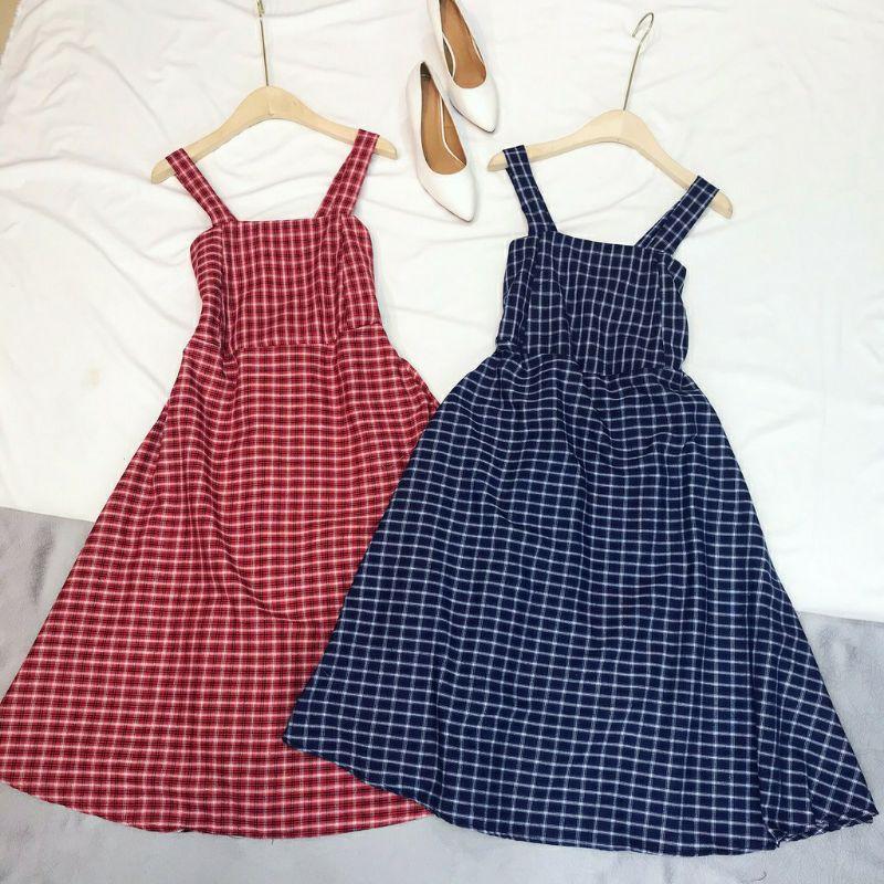 Váy Kẻ 2 Dây Nhún Ngực Vintage