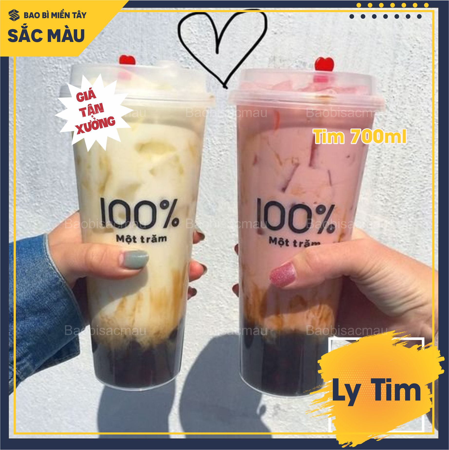 Sỉ 50 cốc/ ly nhựa tim 500ml và 700ml kèm nắp tim màu ngẫu nhiên