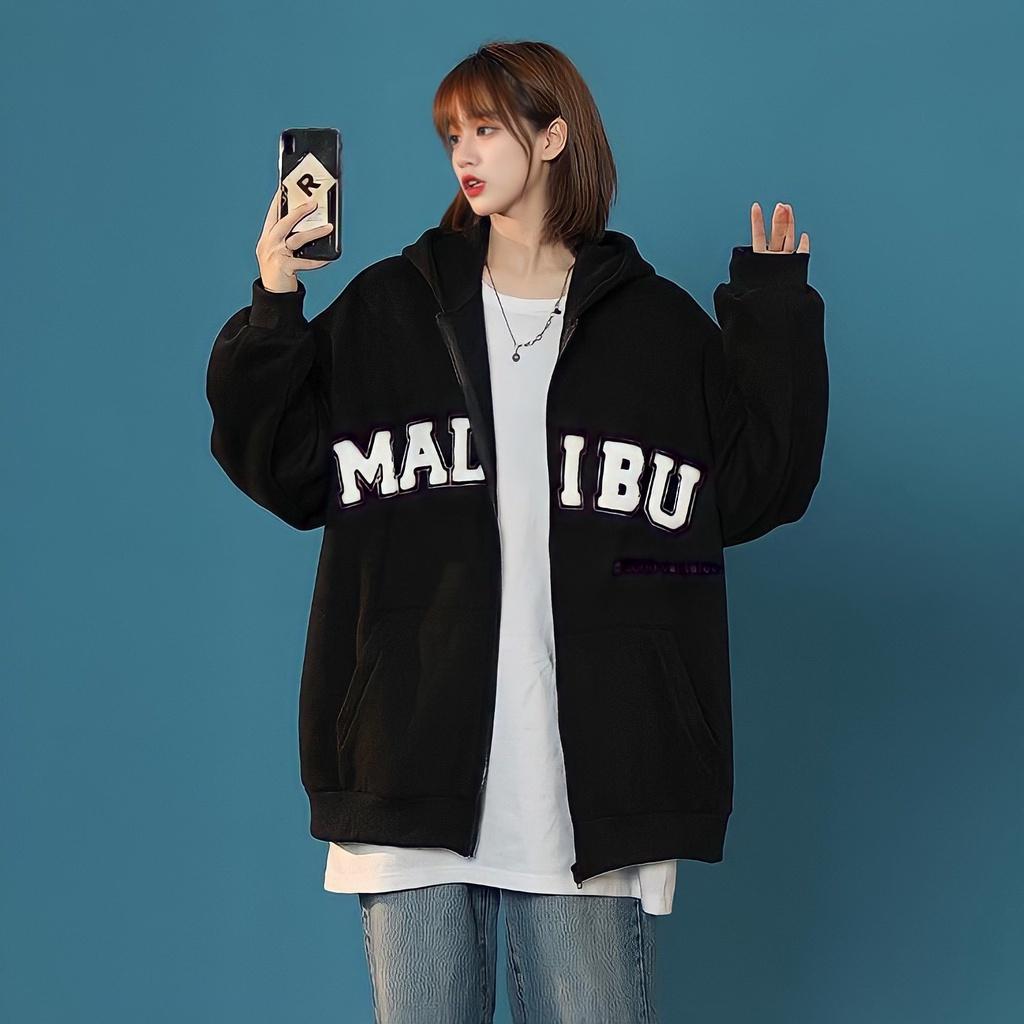 Áo Hoodie Zip Nỉ Ngoại Nam Nữ Dáng Thụng In Chữ MALIBU