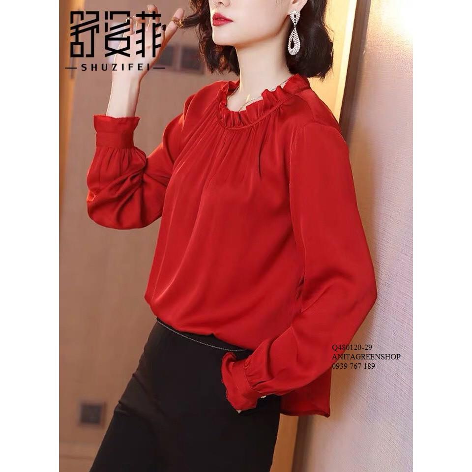Q480120 ÁO BÈO CỔ NHÚN MÀU ĐỎ