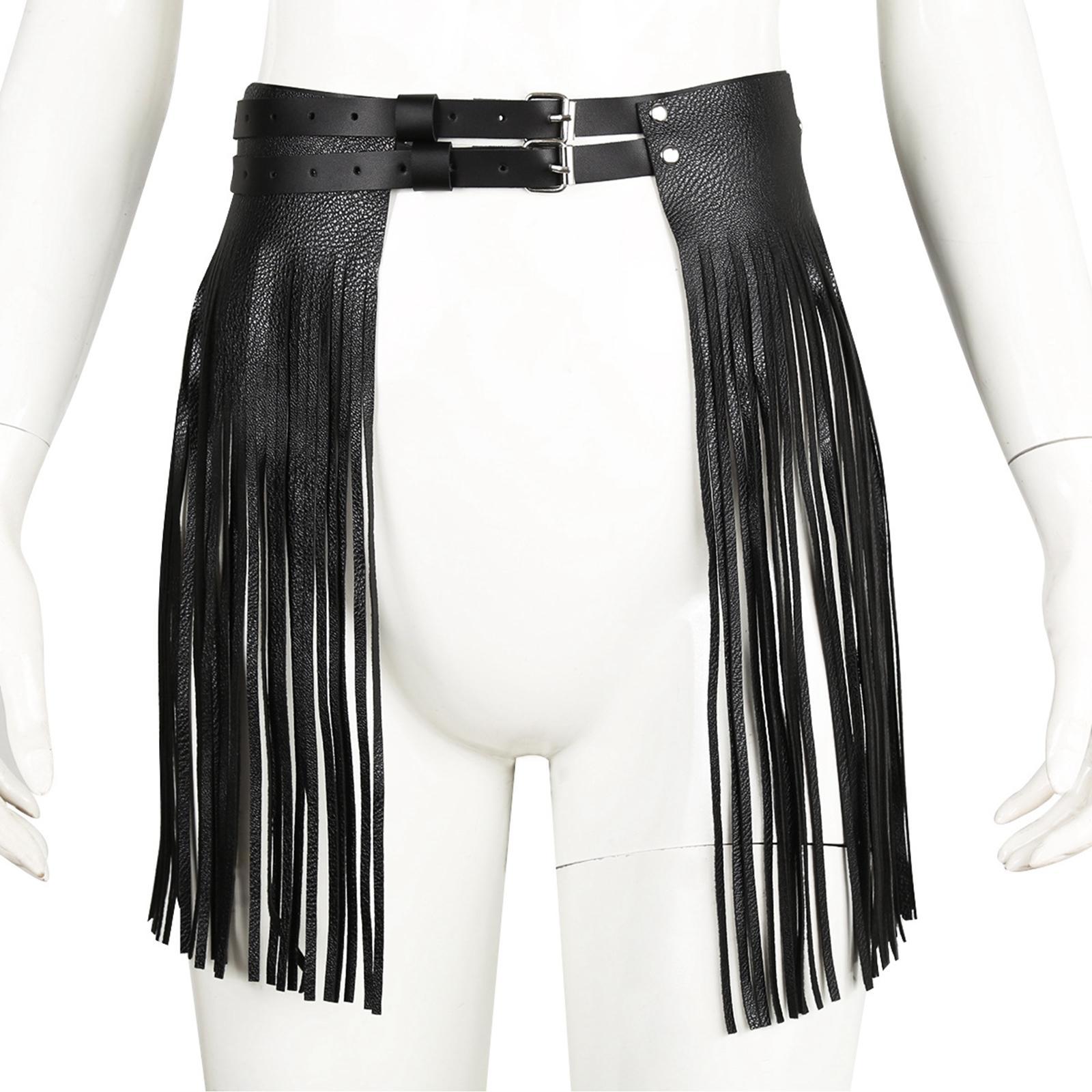 Women Punk Gothic Faux Leather Fringe Tassel Skirt Belt Clubwear Dance Dress
